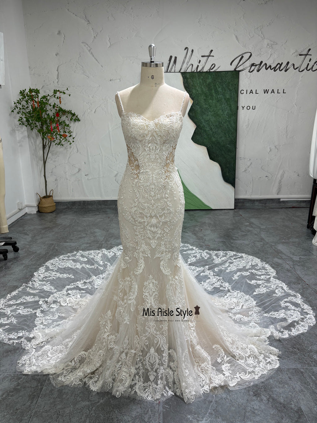 Mermaid Spaghetti Straps Sexy Back Lace Wedding Dress