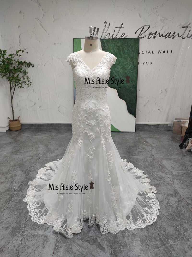 Modest Mermaid Cap Sleeve Lace Wedding Dress misaislestyle Modest Mermaid Cap Sleeve Lace Wedding Dress misaislestyle