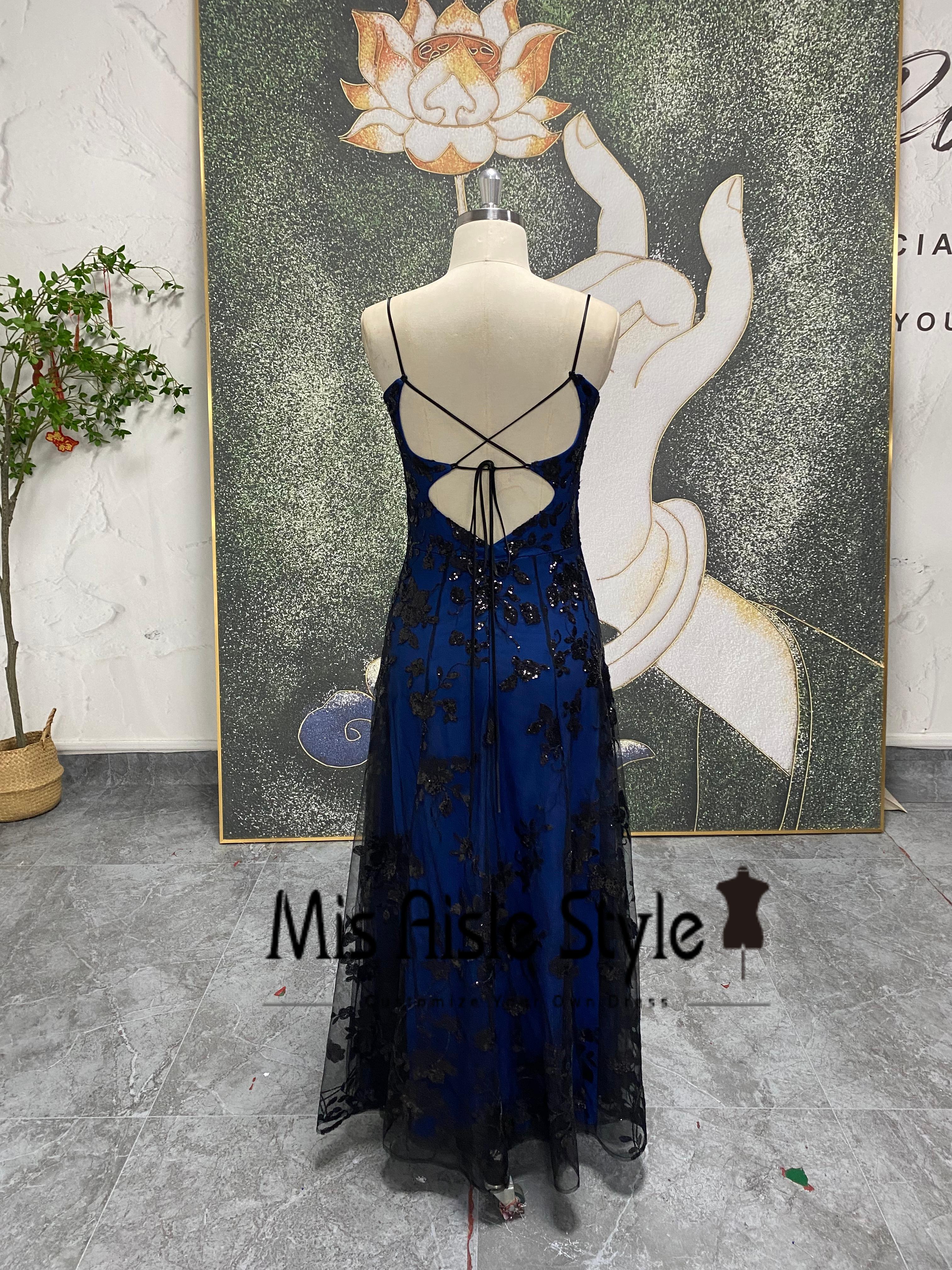 Navy Blue Lace Overlay Vintage Prom Dress  misaislestyle