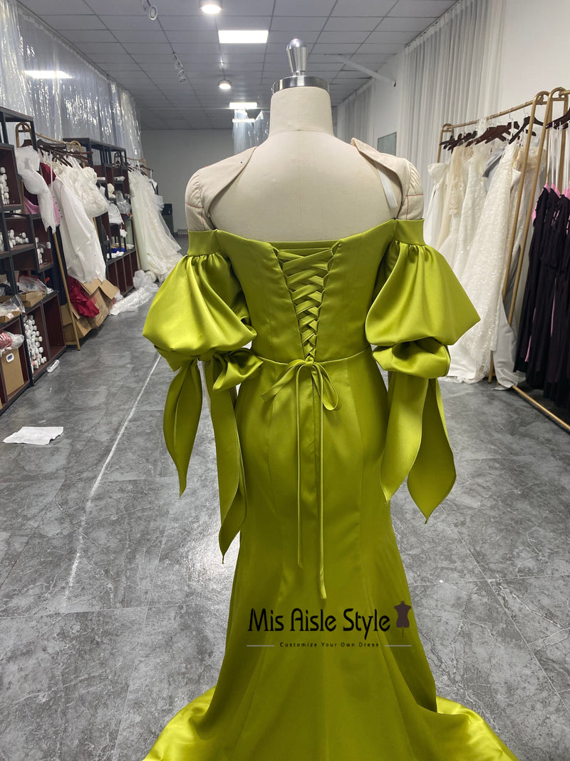 Off Shouder Lemon Party Dress With Puffed Sleeves