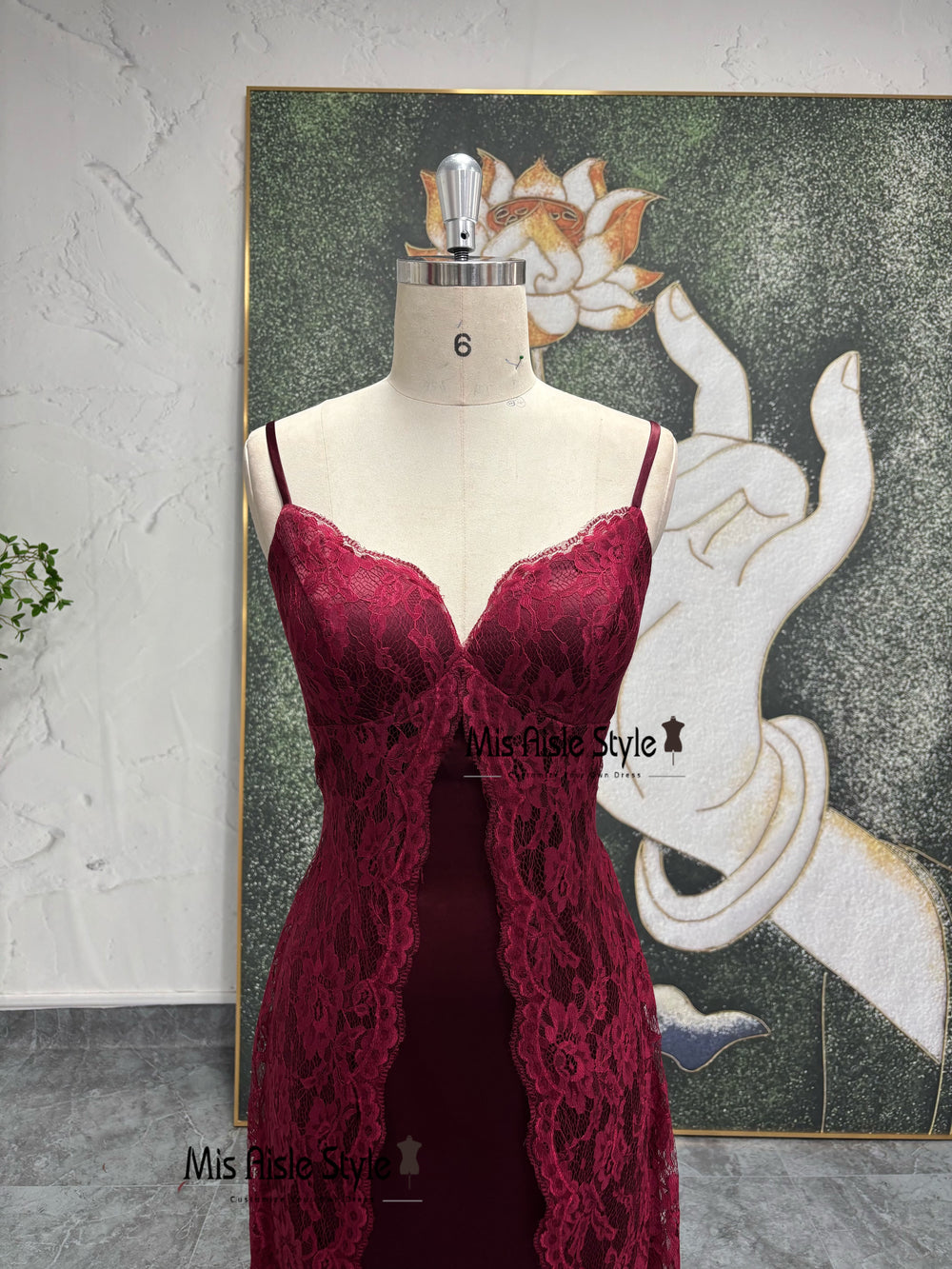 Spaghetti Straps Dark Red Vintage Lace Prom Dress  misaislestyle