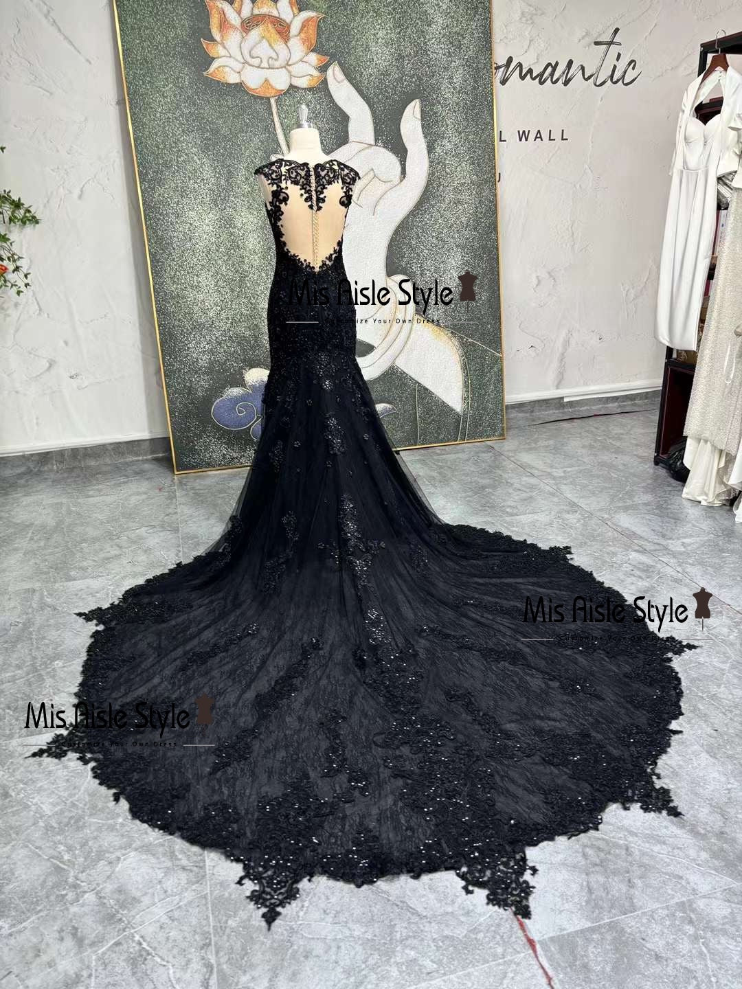 Mermaid Sexy Back Black Lace Wedding Dress misaislestyle Mermaid Sexy Back Black Lace Wedding Dress misaislestyle