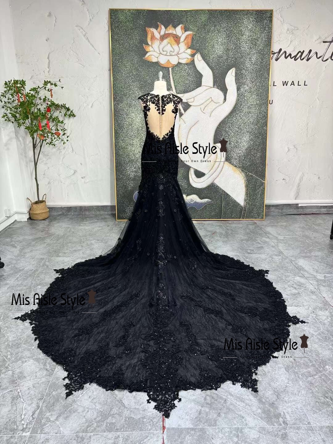 Mermaid Sexy Back Black Lace Wedding Dress misaislestyle Mermaid Sexy Back Black Lace Wedding Dress misaislestyle