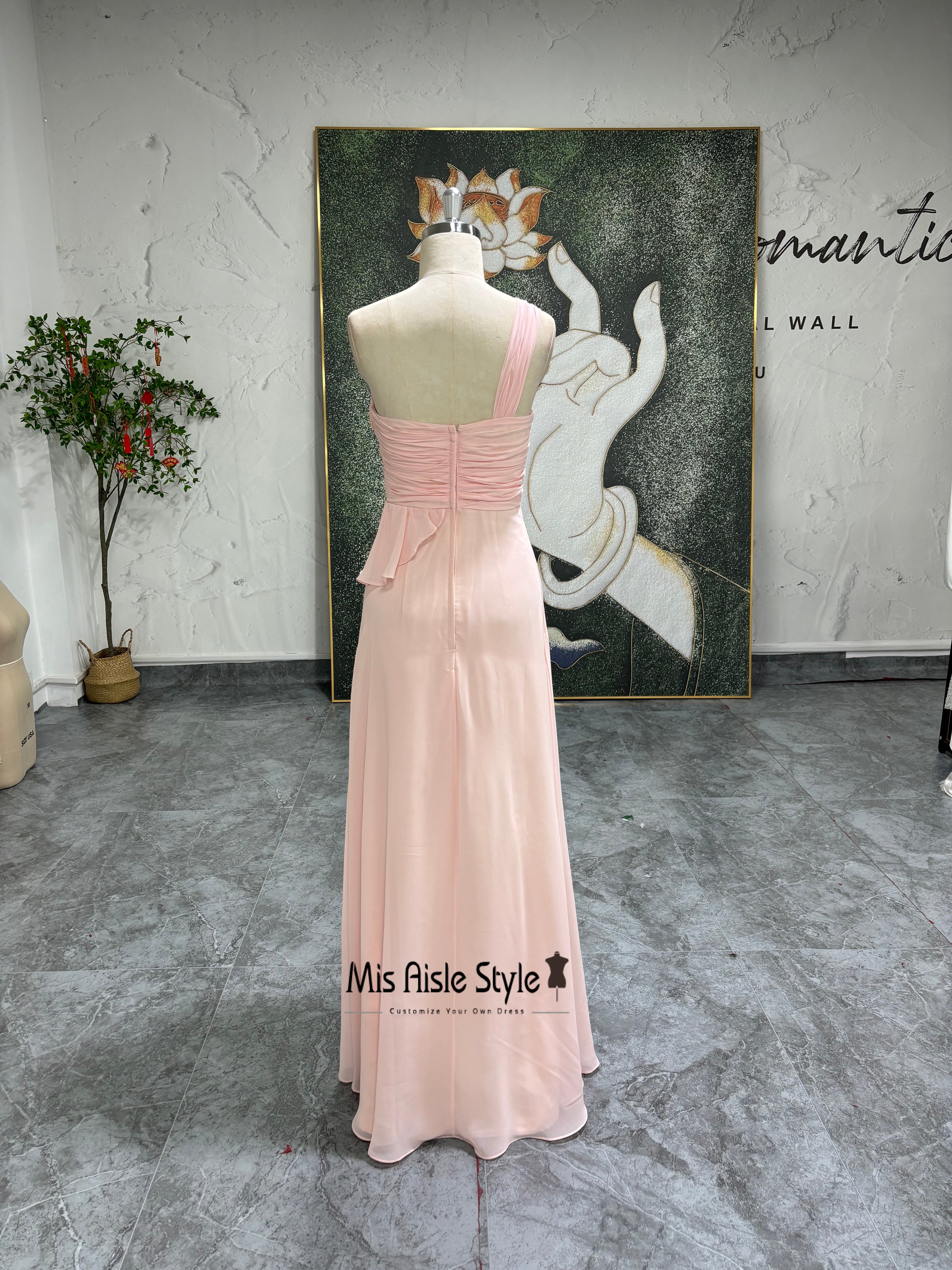 Full Length One Shoulder Pink Bridesmaid Dress misaislestyle Full Length One Shoulder Pink Bridesmaid Dress misaislestyle