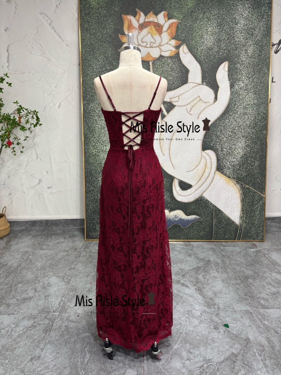 Spaghetti Straps Dark Red Vintage Lace Prom Dress misaislestyle Spaghetti Straps Dark Red Vintage Lace Prom Dress misaislestyle