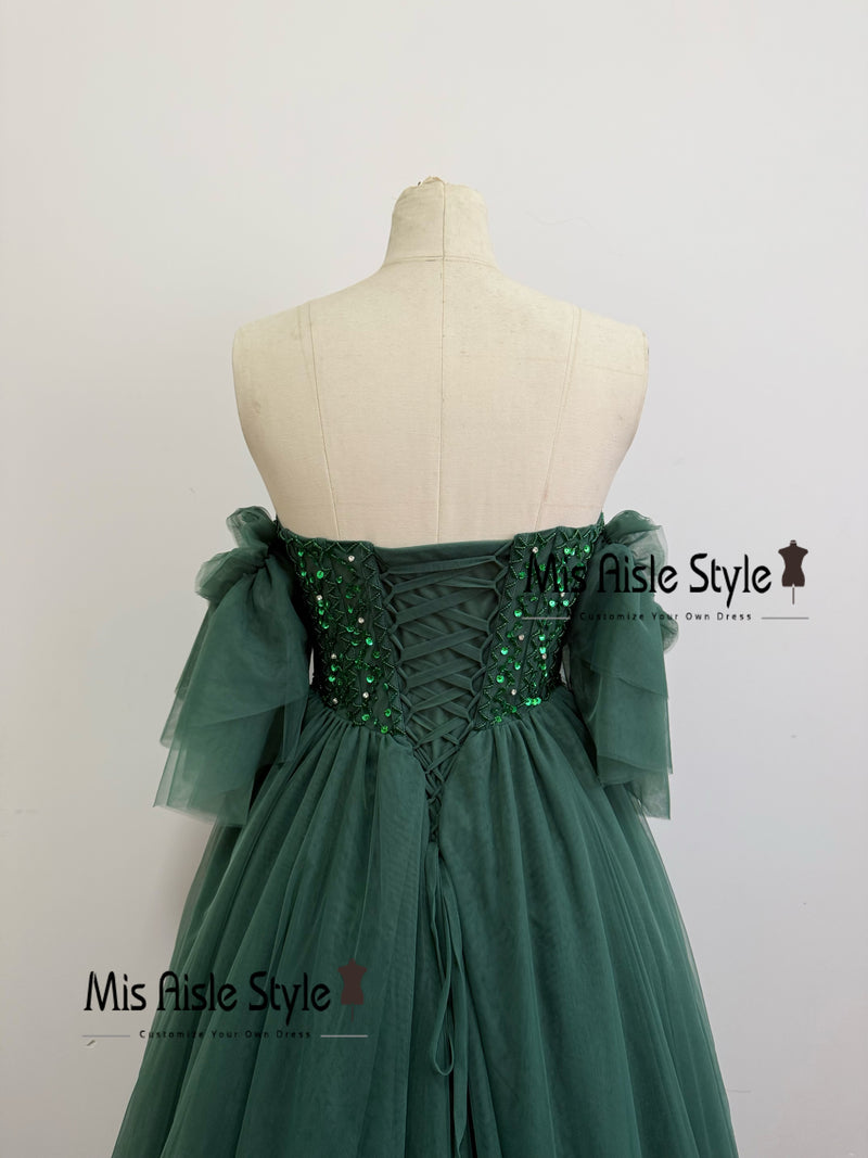 Green Prom Dress With Detachable Sleeve