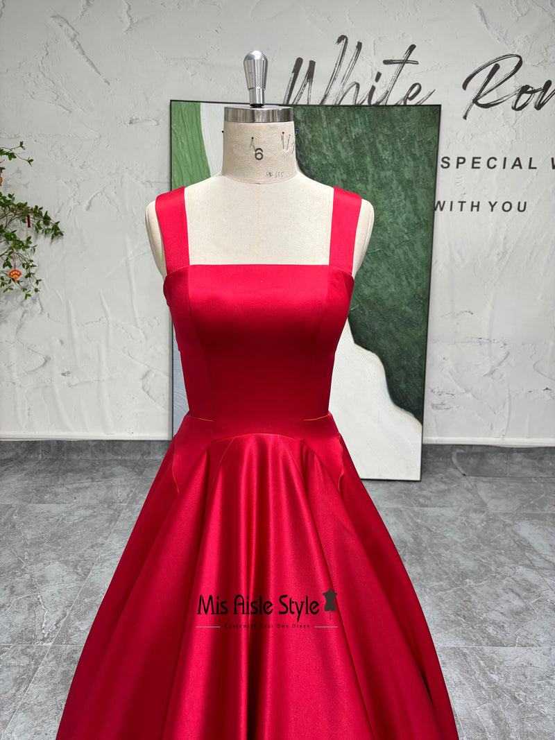 Square Neckline Red Prom Dress