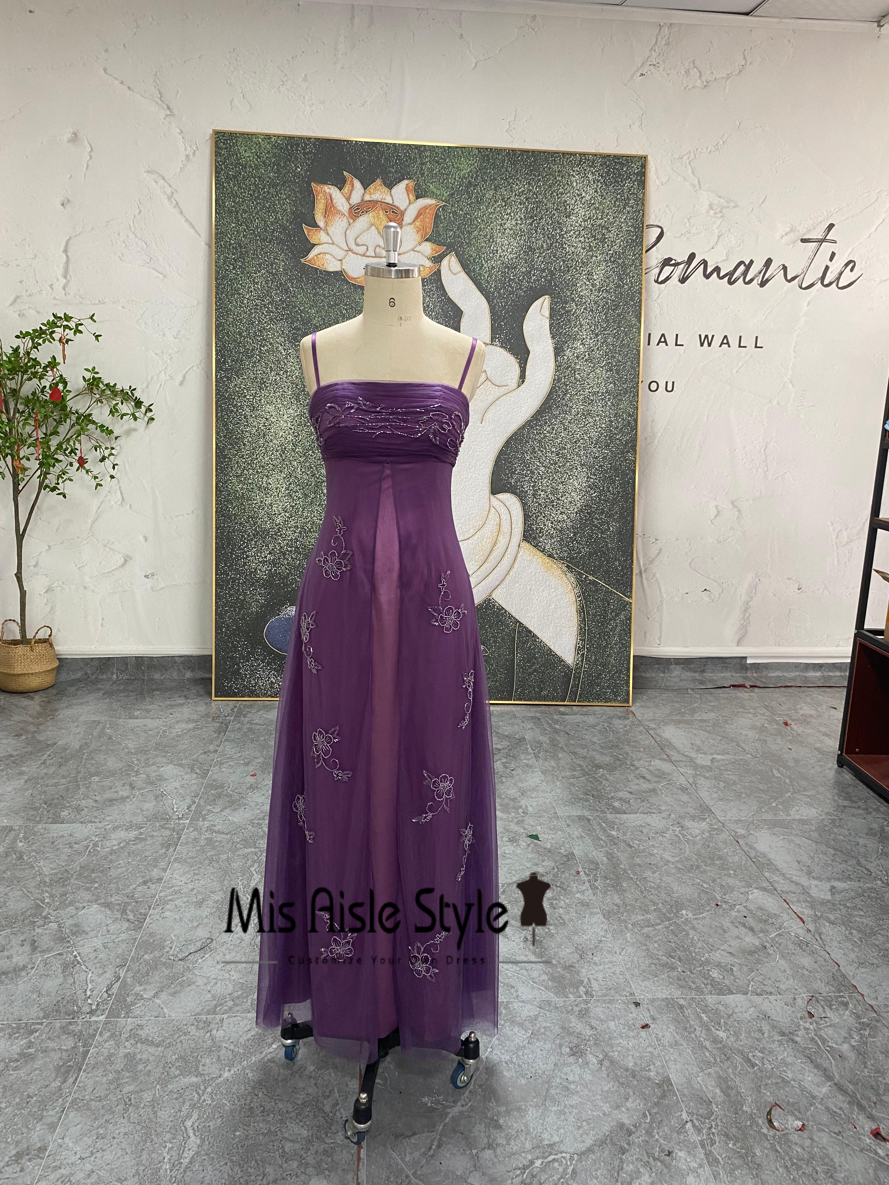 purple vintage prom dress Vintage 90s Purple Satin Prom Dress: Beaded Y2K Gown Vintage Hoco