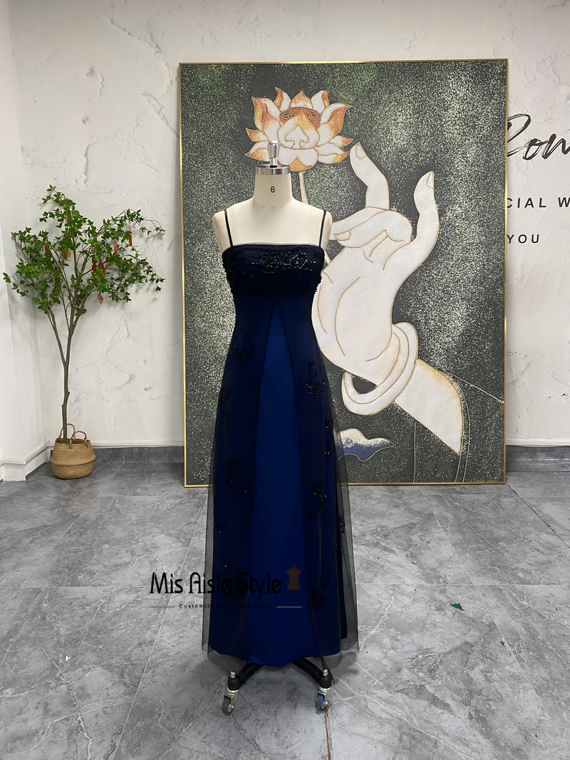 Vintage Blue Prom Dress,Beaded 90s Party Gown – misaislestyle