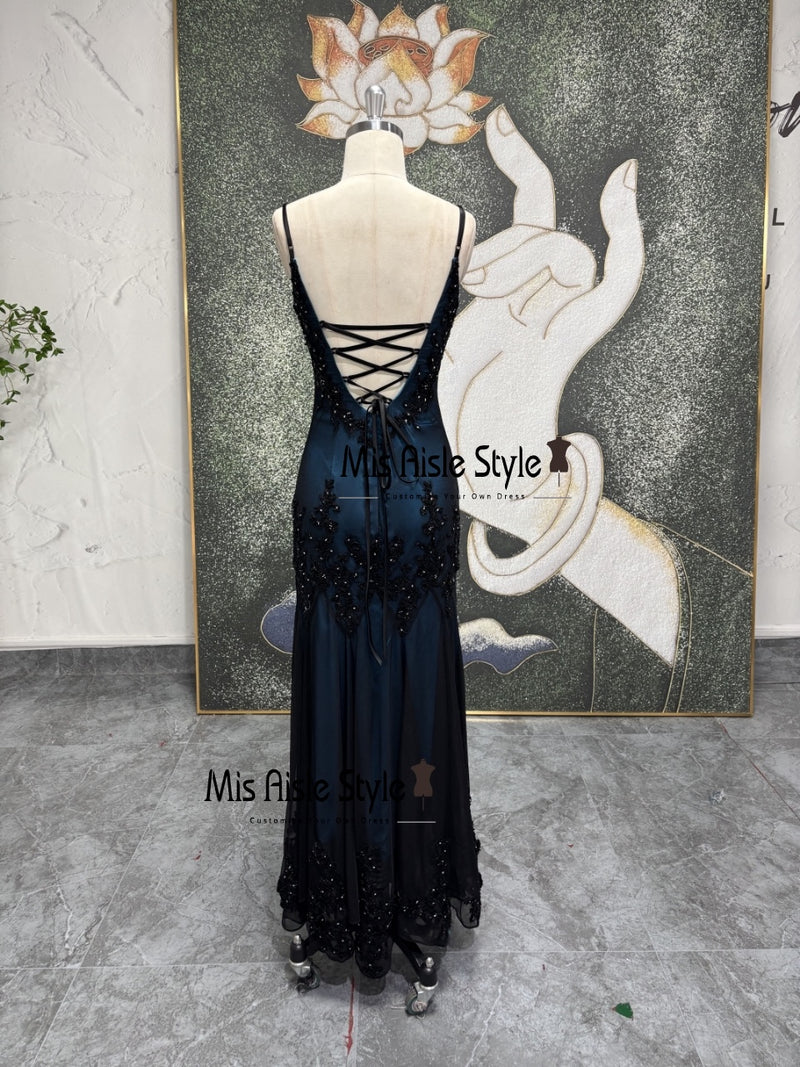 Vintage Sheath Black and Blue Beaded Party Dress – misaislestyle