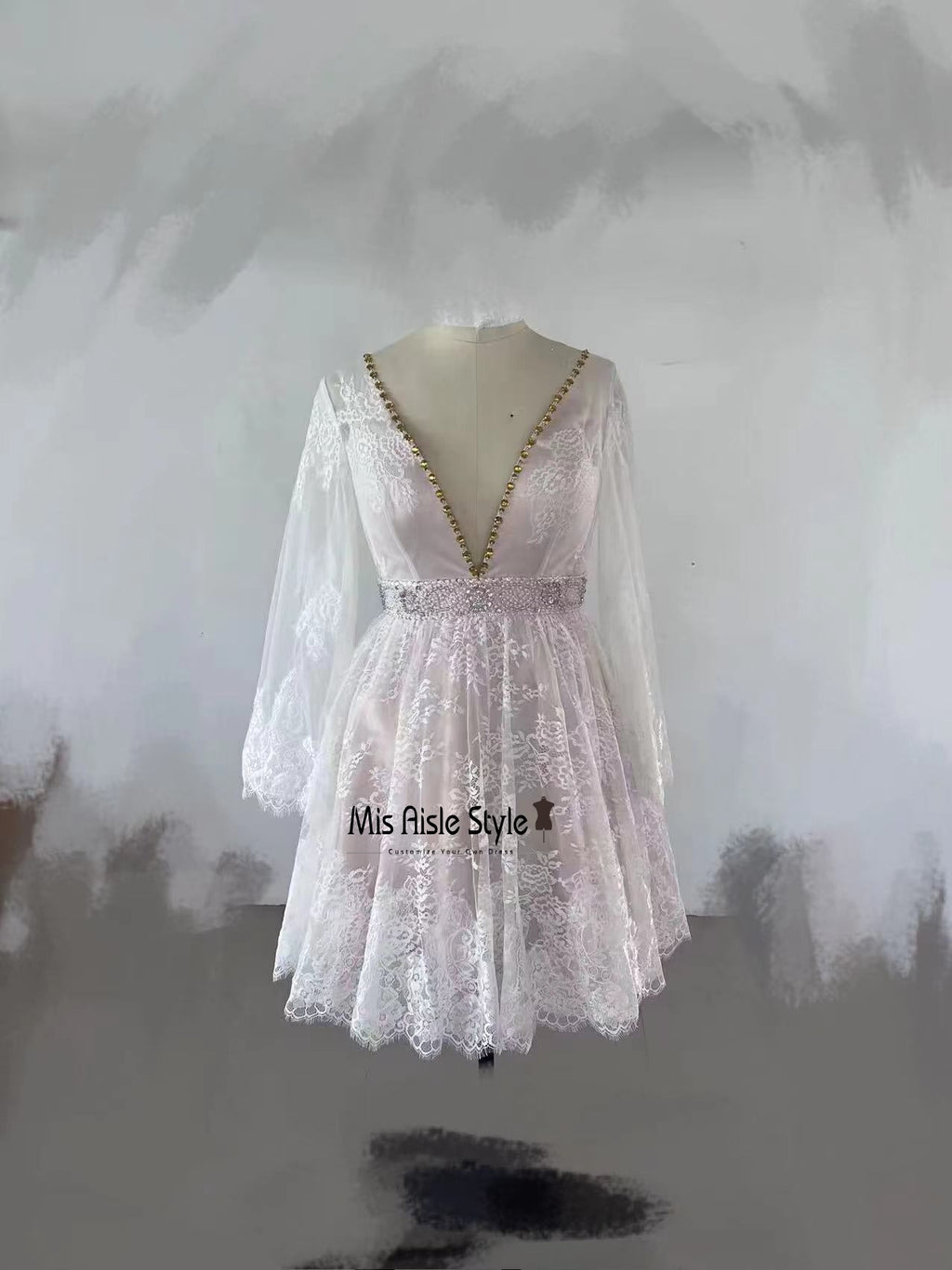 Short Pink Lace Bohemian Wedding Dress