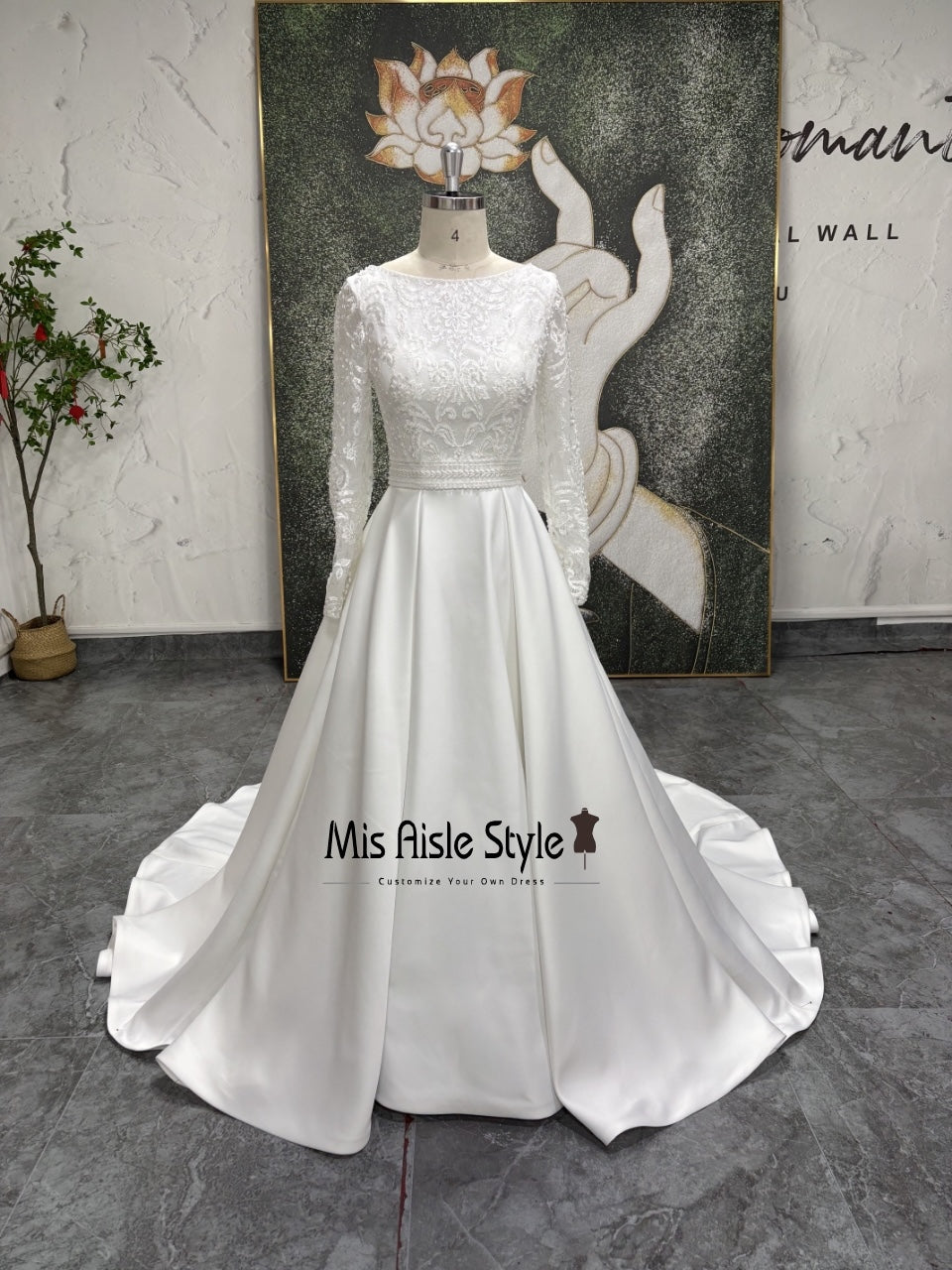 Long Sleeve Low V-Back Lace Wedding Dress with Bow misaislestyle Long Sleeve Low V-Back Lace Wedding Dress with Bow misaislestyle
