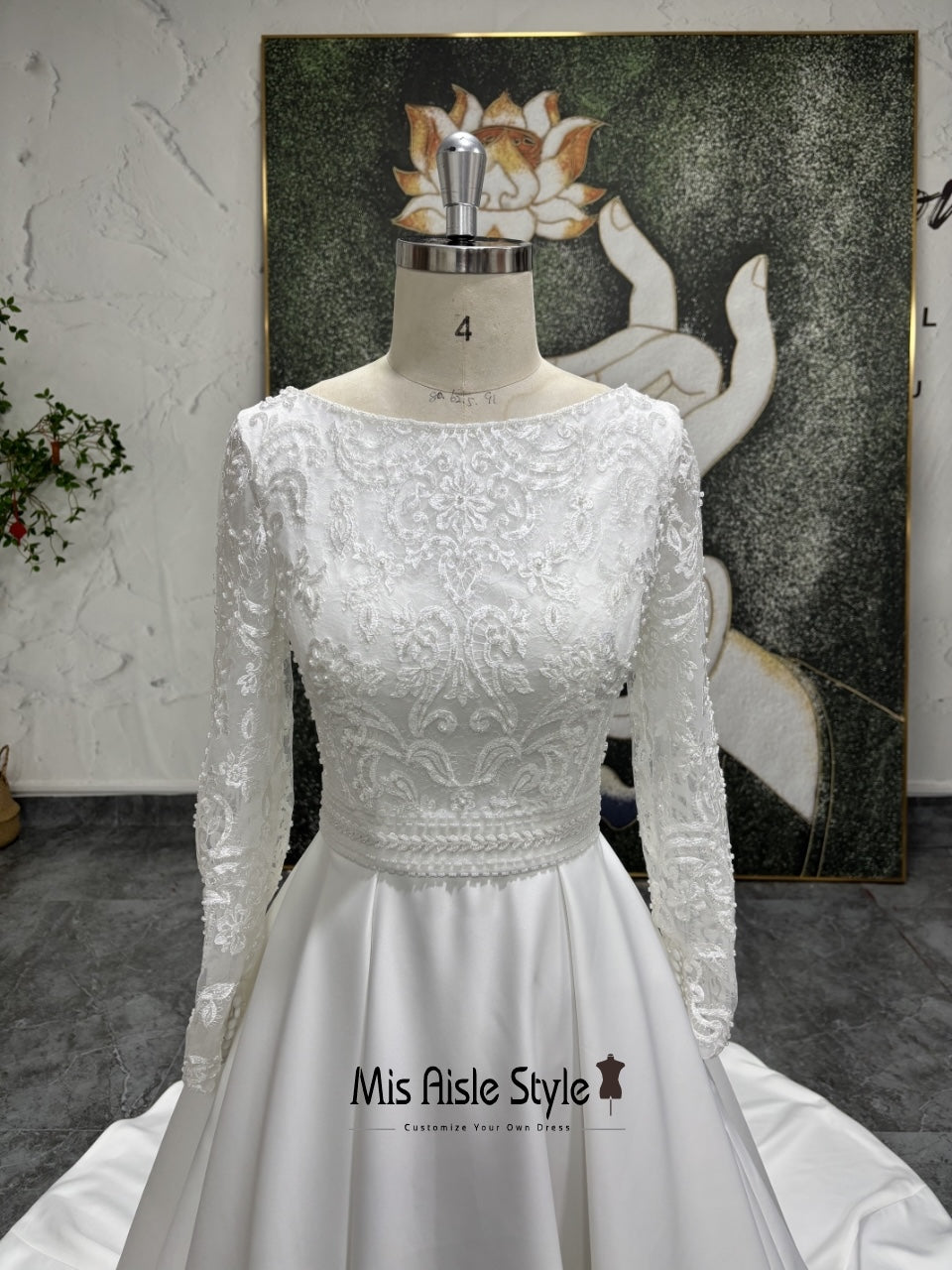 Long Sleeve Low V-Back Lace Wedding Dress with Bow misaislestyle Long Sleeve Low V-Back Lace Wedding Dress with Bow misaislestyle