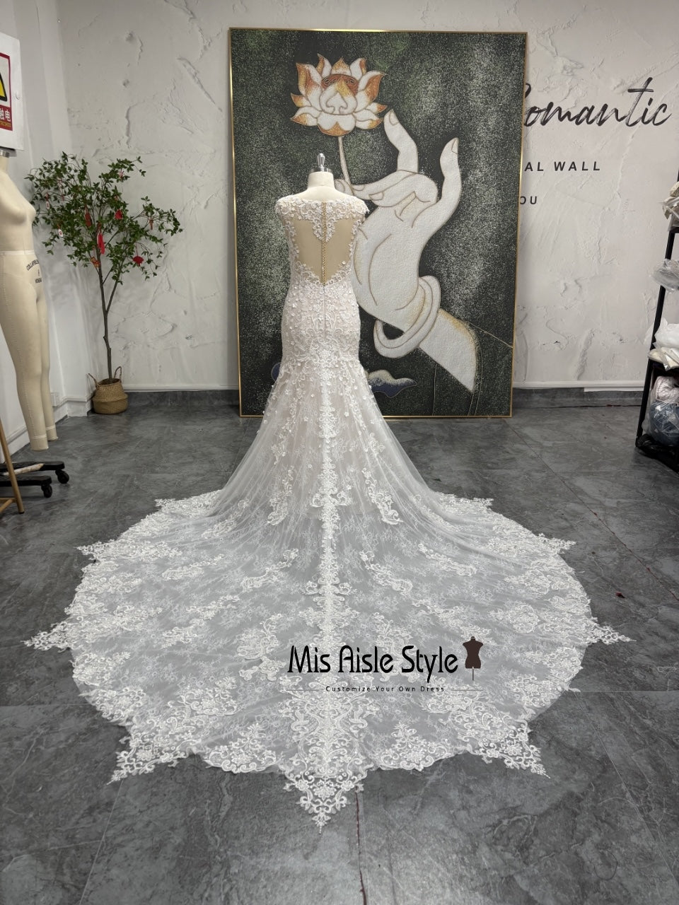 Fit and Flare Sheer Lace Back Wedding Dress misaislestyle Fit and Flare Sheer Lace Back Wedding Dress misaislestyle