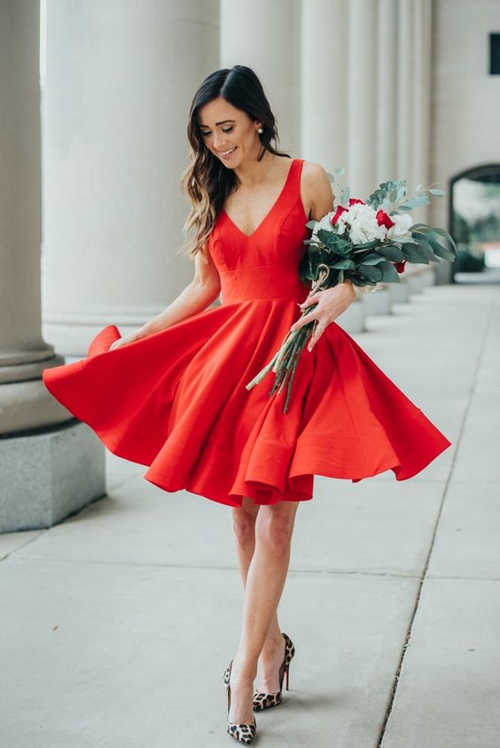 Simple Knee Length V-neckline Red Wedding Guest Dress