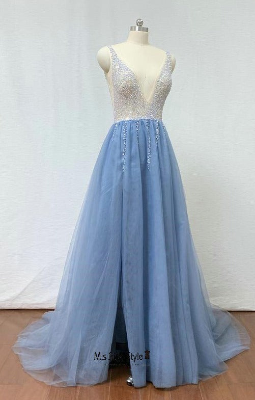 slit blue prom dress
