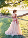 Vintage V-back Red Flowers Wedding Dress