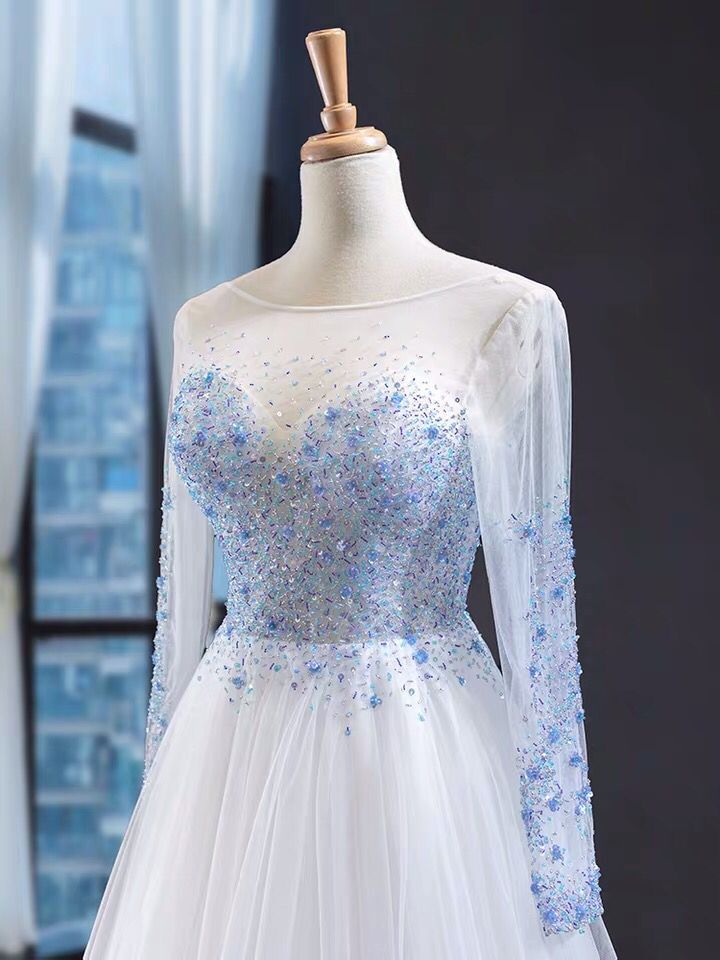 white beaded dress long sleeve Ivory Beaded Off Shoulder Wedding Dress with Long Sleeves Glitter Ball Gown Wedding Dress with Sweep Train Plus Size Size 4