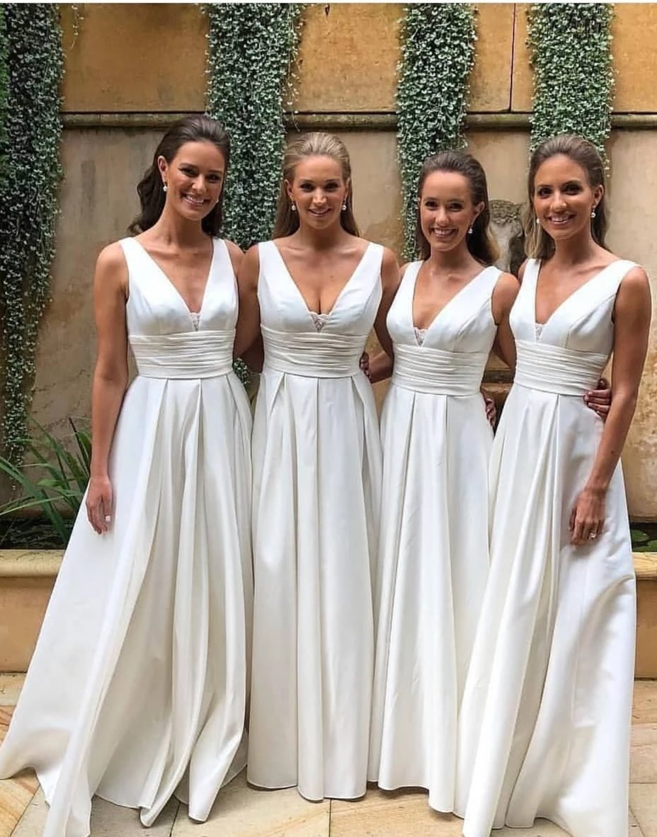 V-neck White Bridesmaid Dress