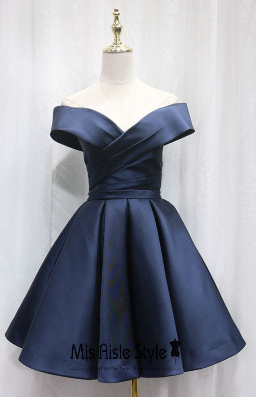 navy semi formal dress Short Off Shoulder Sleeve Navy Blue Homecoming Dress – misaislestyle