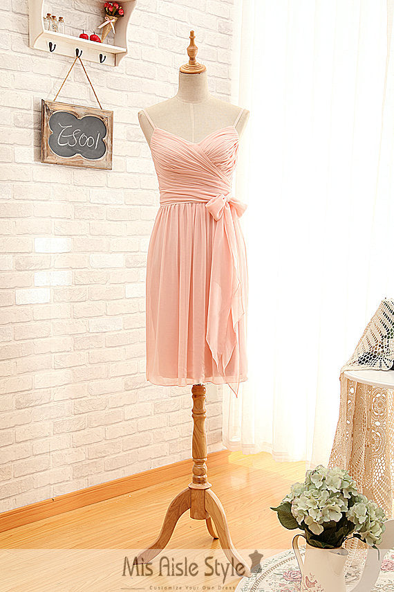 Short Spaghetti Straps Pearl Pink Bridesmaid Dress misaislestyle Short Spaghetti Straps Pearl Pink Bridesmaid Dress misaislestyle