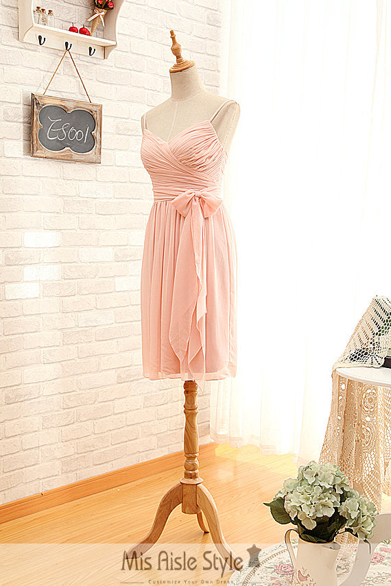 Short Spaghetti Straps Pearl Pink Bridesmaid Dress misaislestyle Short Spaghetti Straps Pearl Pink Bridesmaid Dress misaislestyle