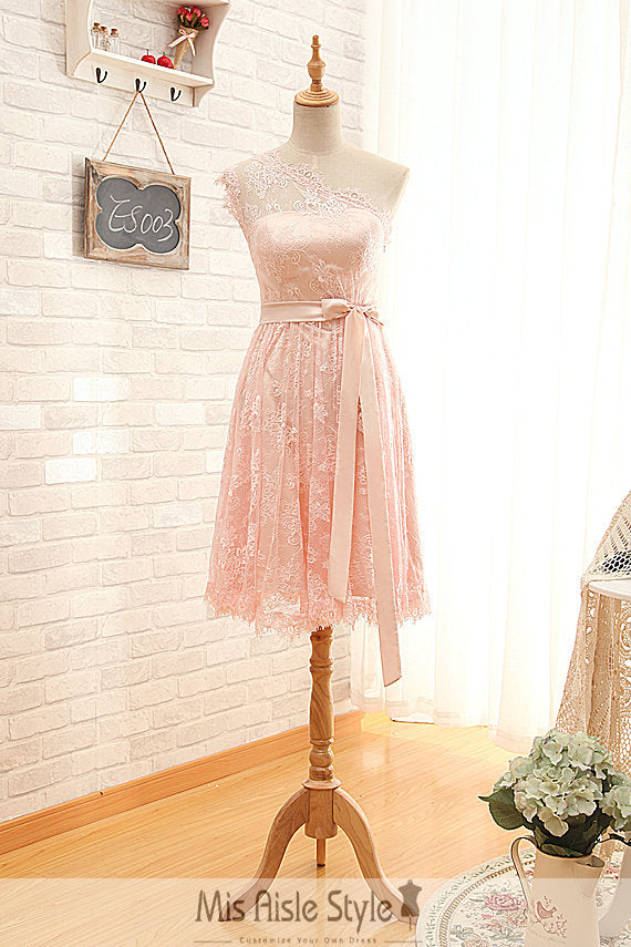 Short One Shoulder Pearl Pink Lace Bridesmaid Dress – misaislestyle