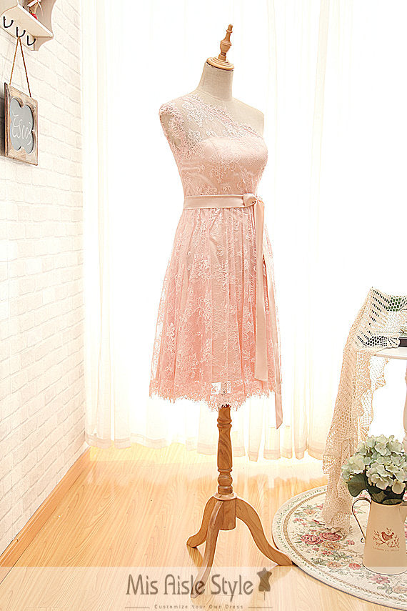 Short One Shoulder Pearl Pink Lace Bridesmaid Dress misaislestyle Short One Shoulder Pearl Pink Lace Bridesmaid Dress misaislestyle