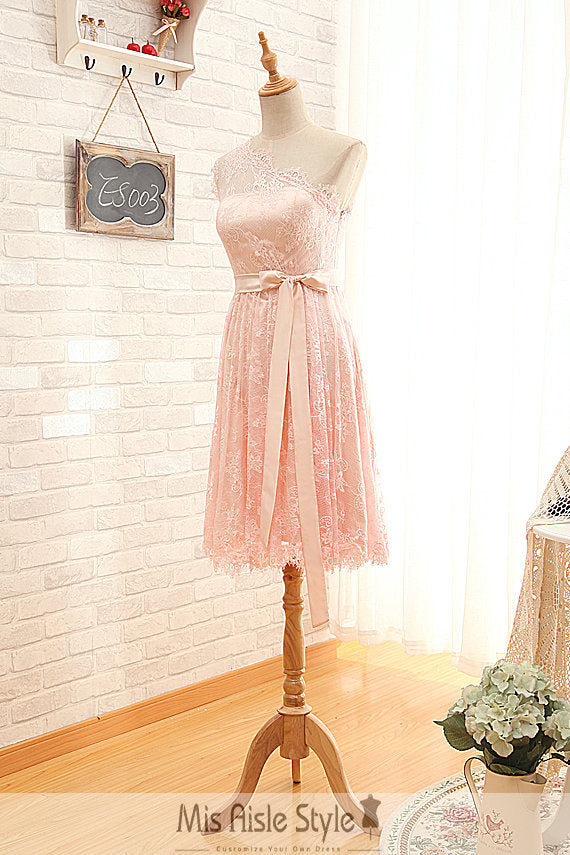 Short One Shoulder Pearl Pink Lace Bridesmaid Dress misaislestyle Short One Shoulder Pearl Pink Lace Bridesmaid Dress misaislestyle