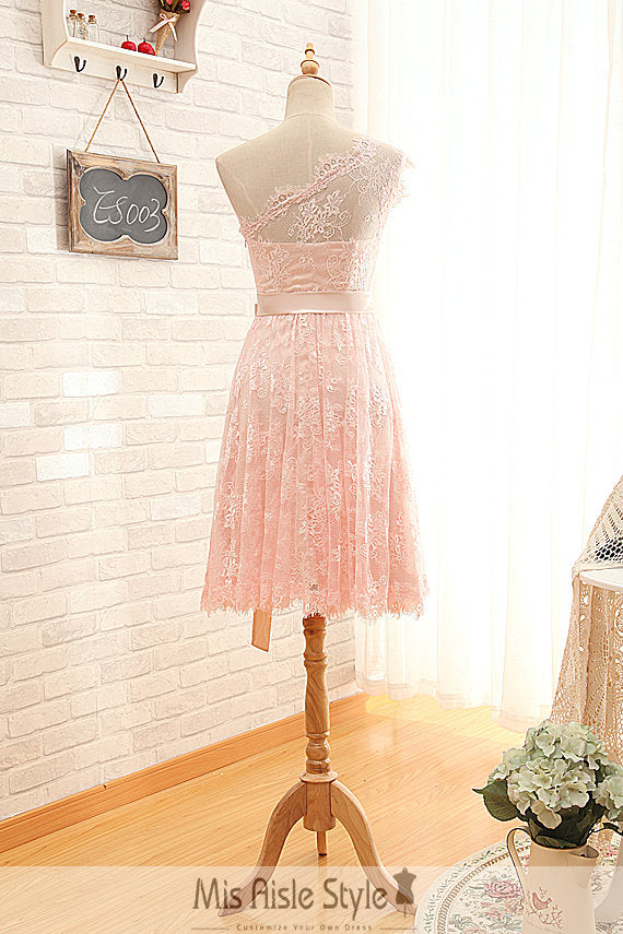 Short One Shoulder Pearl Pink Lace Bridesmaid Dress misaislestyle Short One Shoulder Pearl Pink Lace Bridesmaid Dress misaislestyle
