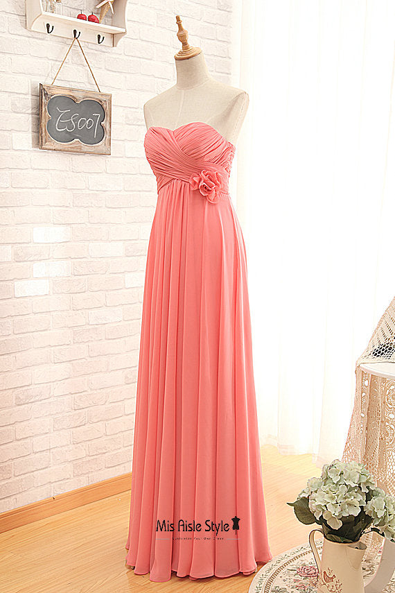 Full Length Empire Coral Bridesmaid Dress misaislestyle Full Length Empire Coral Bridesmaid Dress misaislestyle