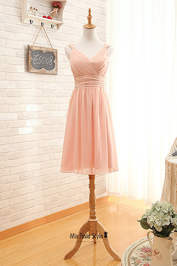 Knee Length V-neck Blush Bridesmaid Dress misaislestyle Knee Length V-neck Blush Bridesmaid Dress misaislestyle