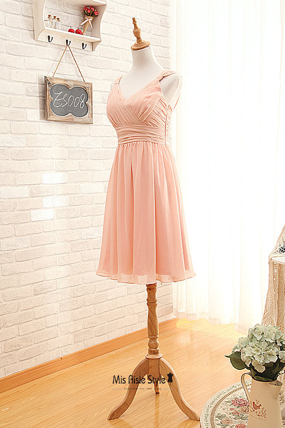 Knee Length V-neck Blush Bridesmaid Dress misaislestyle Knee Length V-neck Blush Bridesmaid Dress misaislestyle