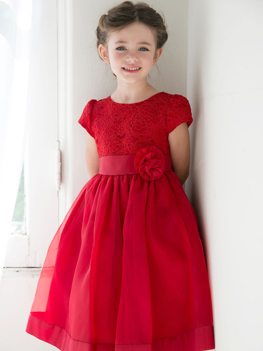 Short Sleeve Red Flower Girl Dress