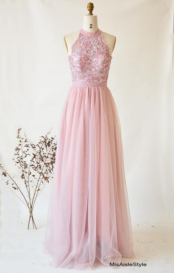 Halter Neckline Dusty Pink Bridesmaid Dress misaislestyle Halter Neckline Dusty Pink Bridesmaid Dress misaislestyle