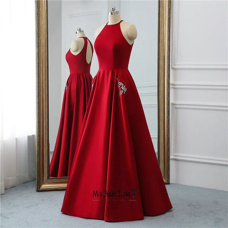 Halter Neckline Deep Red Prom Dress misaislestyle Halter Neckline Deep Red Prom Dress misaislestyle