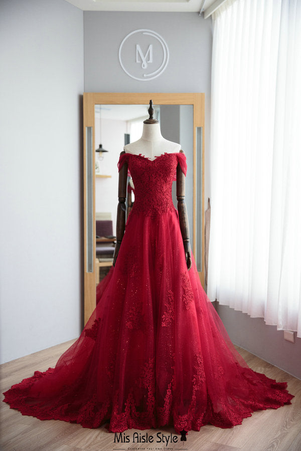 A line Off Shoulder Sleeve Deep Red Lace Wedding Dress – misaislestyle