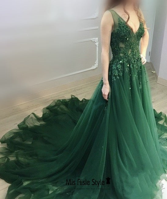 sheer green prom gown