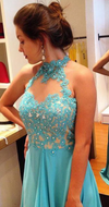 Halter Neckline Keyhole Back Blue Lace Prom Dress
