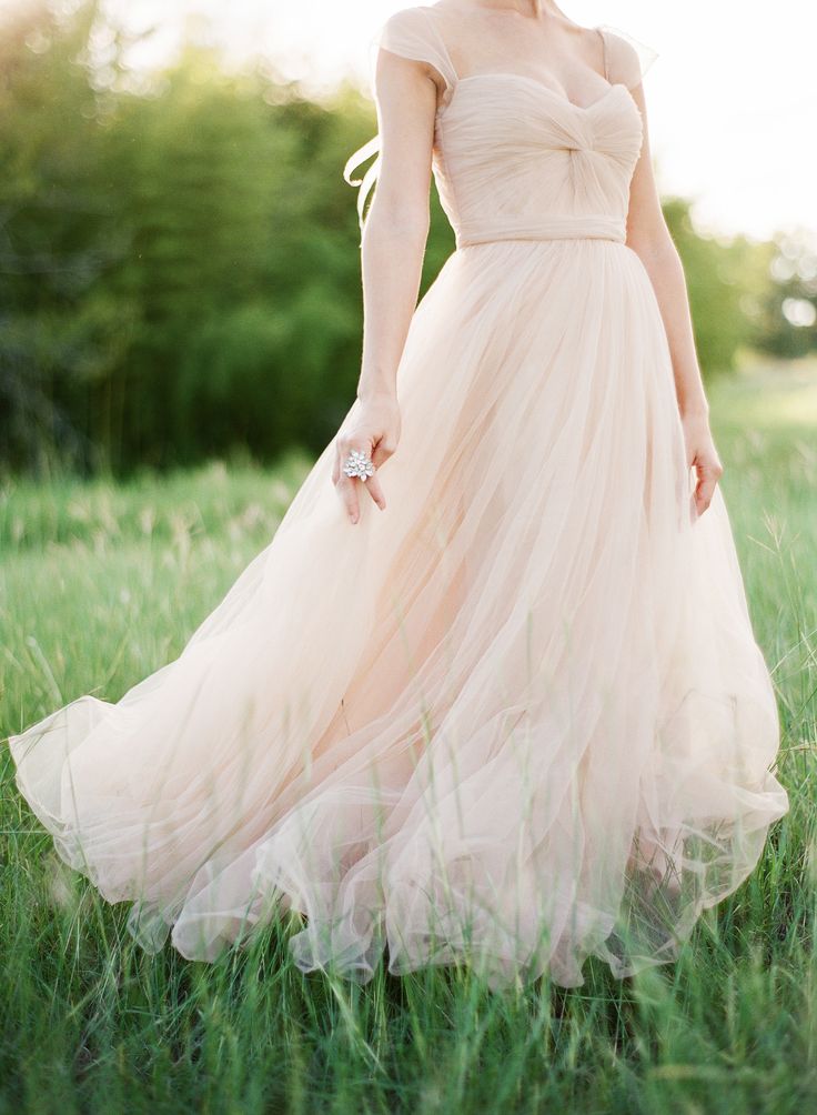 Full Length Cap Sleeve Blush Tulle Wedding Dress