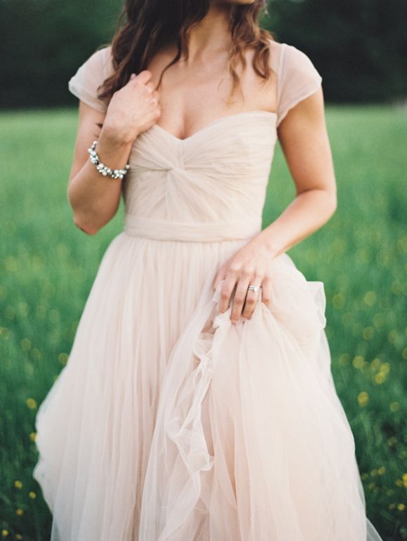 Full Length Cap Sleeve Blush Tulle Wedding Dress
