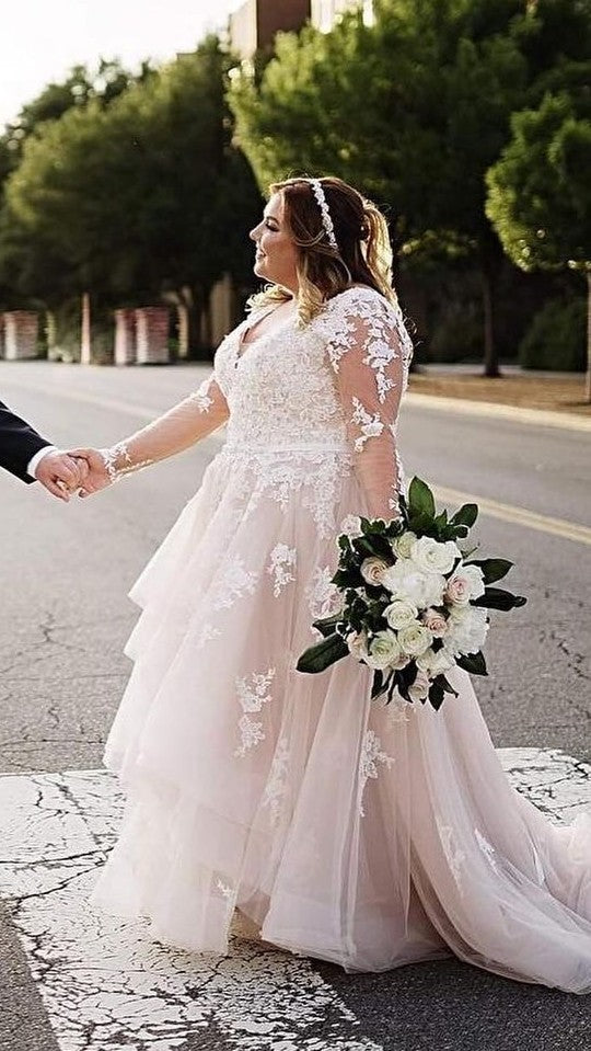 blush plus size long sleeve wedding dress