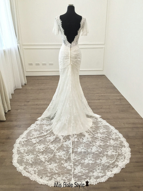 Mermaid Low V-back Soft Lace Flutter Sleeve Wedding Dress misaislestyle Mermaid Low V-back Soft Lace Flutter Sleeve Wedding Dress misaislestyle