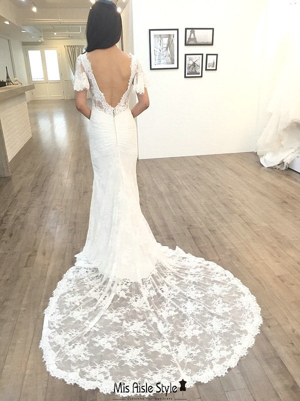 Mermaid Low V-back Soft Lace Flutter Sleeve Wedding Dress