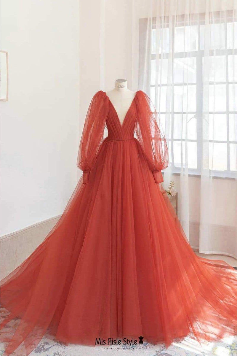 Long Sleeve Orange Red Wedding Dress – misaislestyle