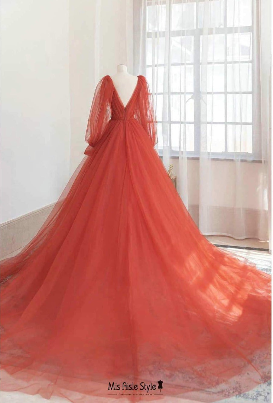 Long Sleeve Orange Red Wedding Dress – misaislestyle