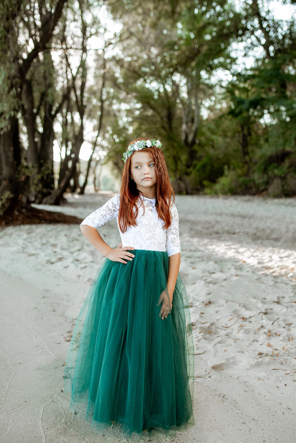 Green and white flower top girl dresses