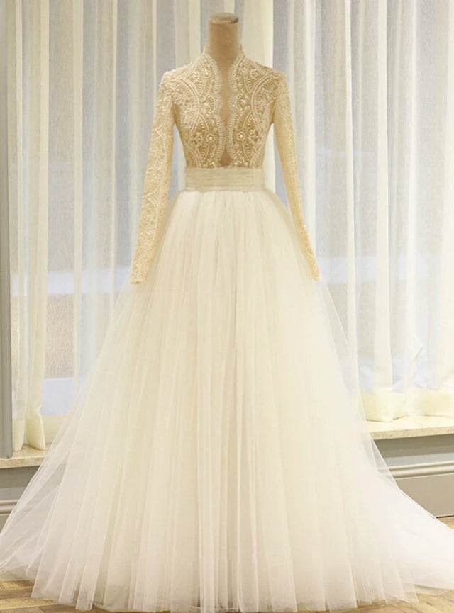 beaded long sleeve bridal dress