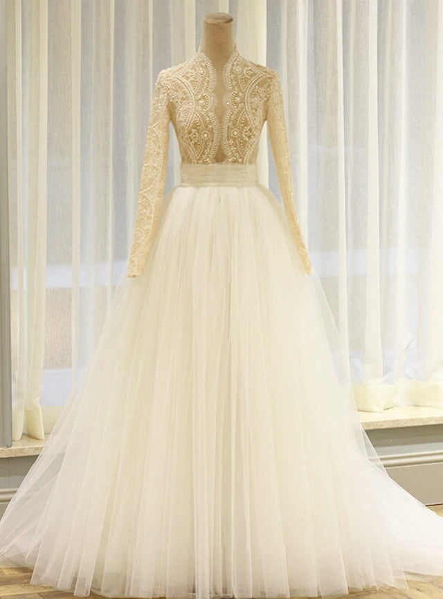 Beaded Long Sleeve Wedding Dress misaislestyle Beaded Long Sleeve Wedding Dress misaislestyle