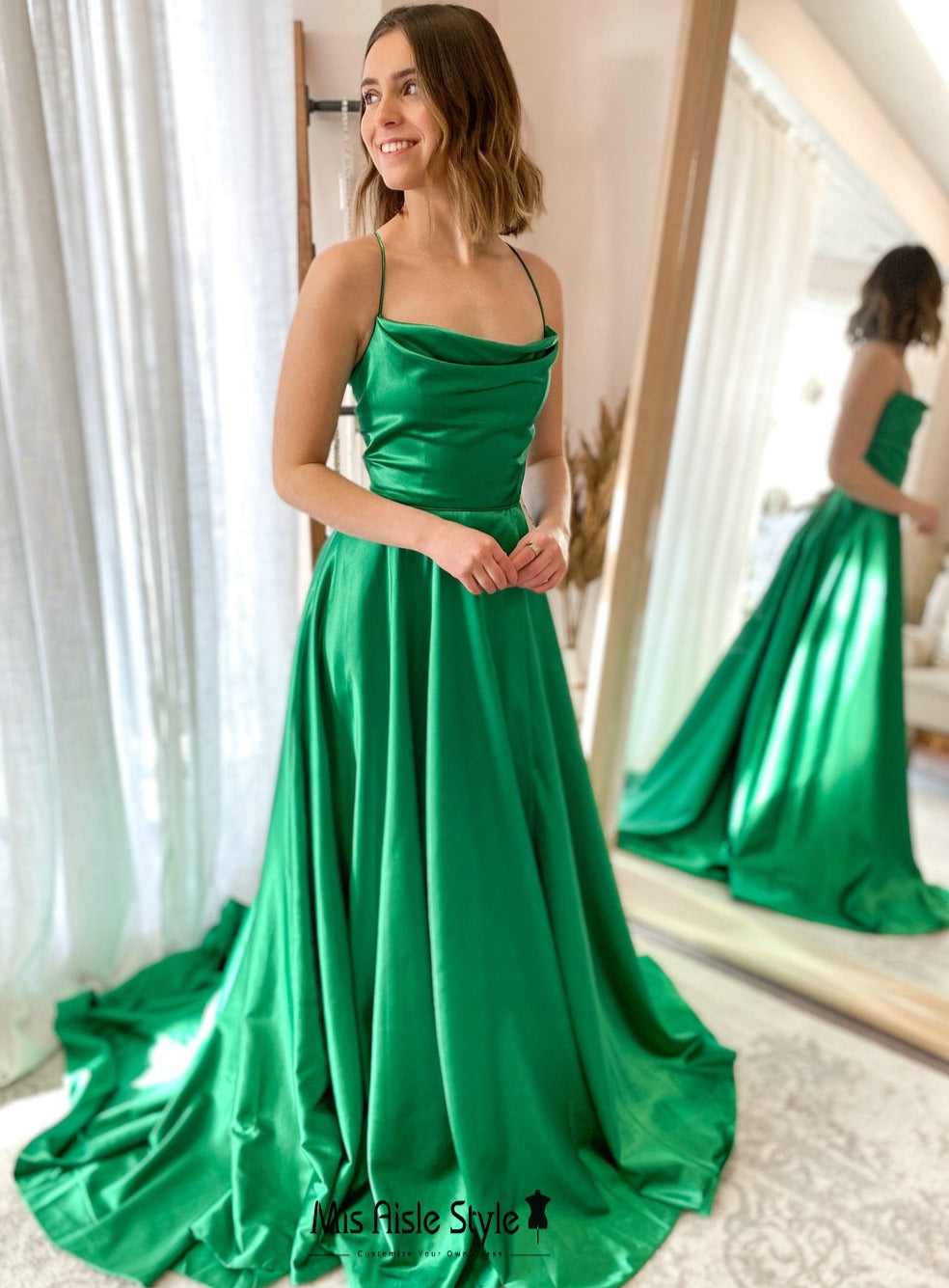 Simple Square Neckline Green Prom Dress – misaislestyle